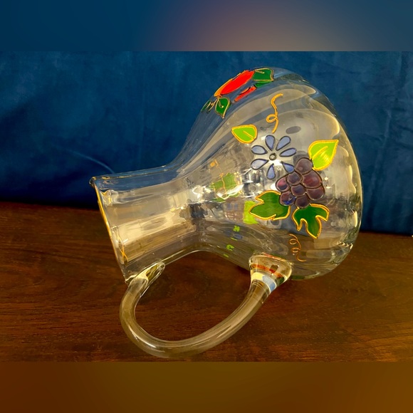 Vtg Handcrafted Lead Crystal Romanian Pitcher Raised Painted Detail Fruit Theme - Picture 9 of 9